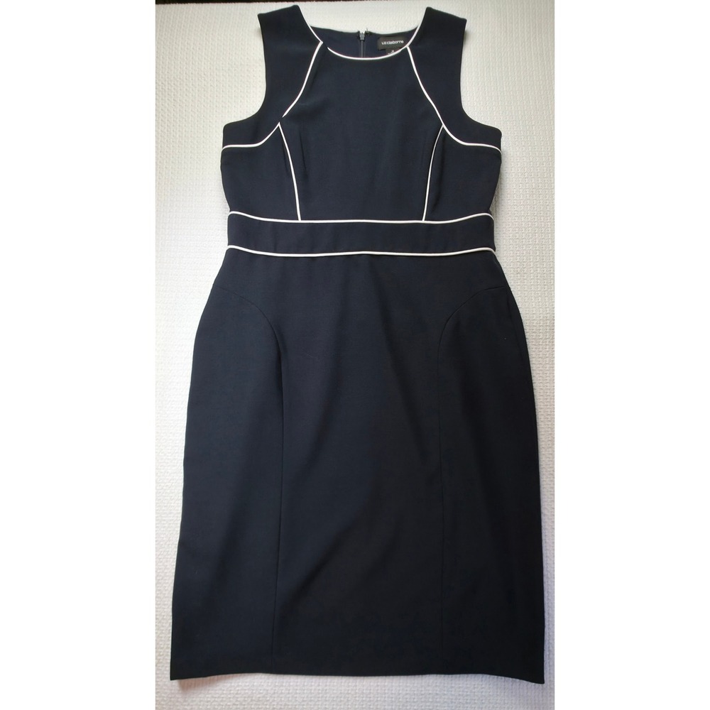 Liz Claiborne Sheath Dress Womens 12 Navy Blue Contrast Piping Sleeveless